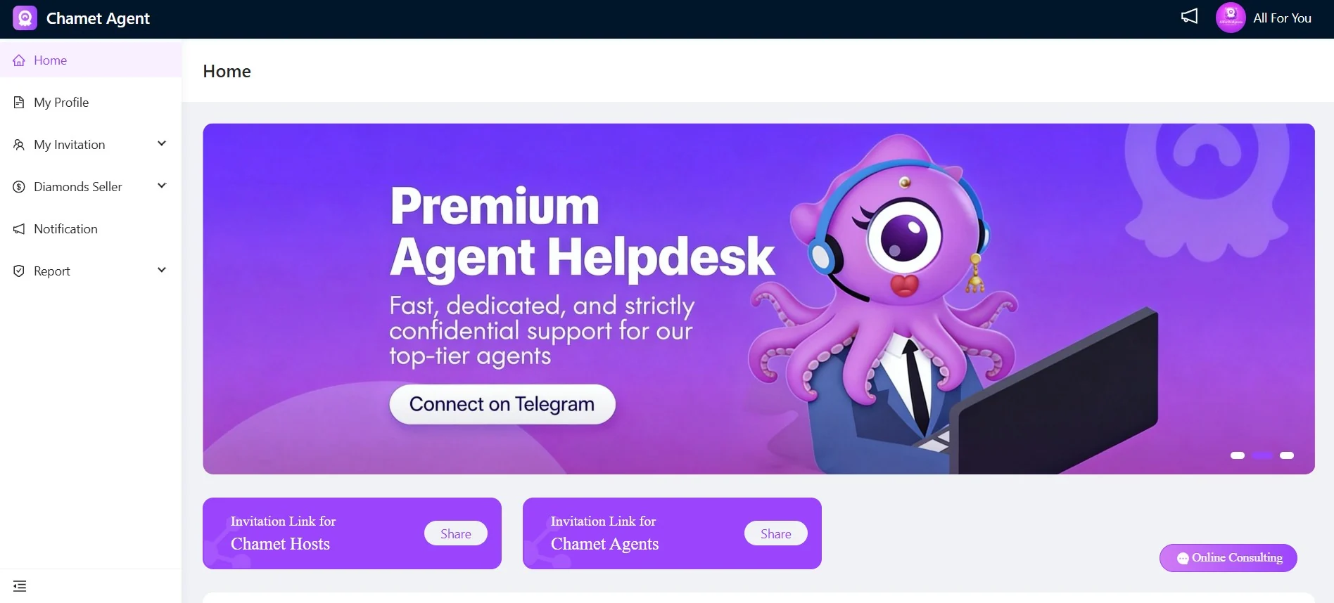 Chamet Agent Dashboard — Home Panel